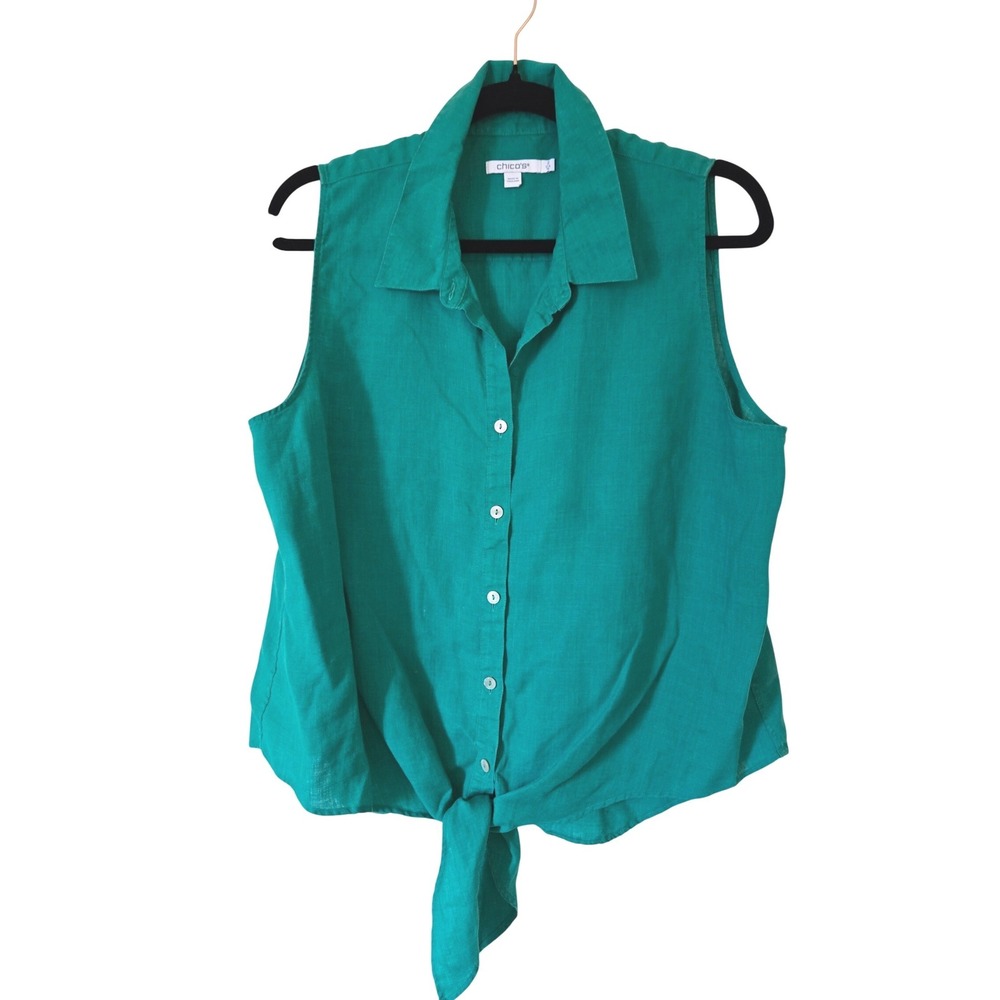 Chico's 2 Womens Large Top Green Linen Sleeveless Tie Front Button Down Shirt 12